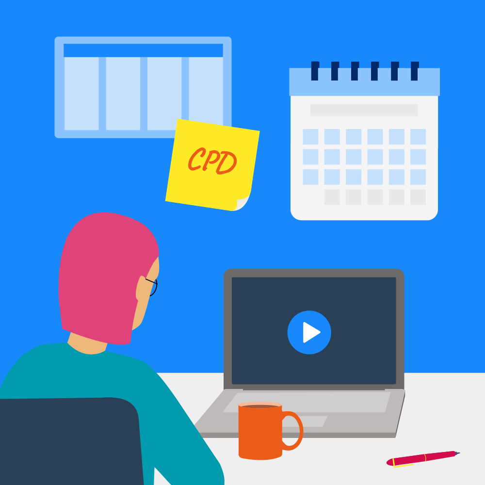 Illustration of a person sitting at a desk with a pink sticky note reading 'CPD', a calendar on the wall, and a laptop displaying a play button for a video.