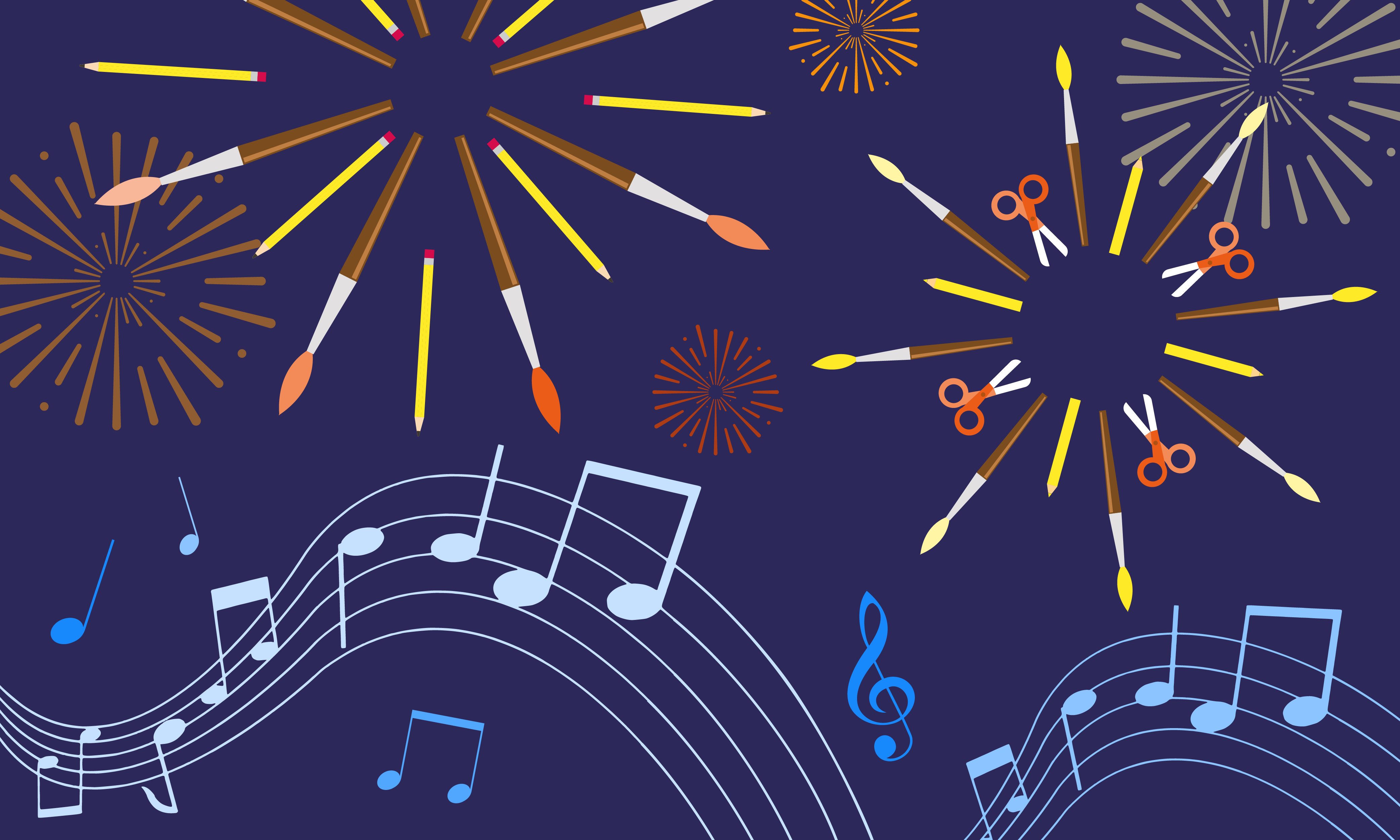 Pattern of paintbrushes, pencils, scissors, musical notes and fireworks on a dark blue background.