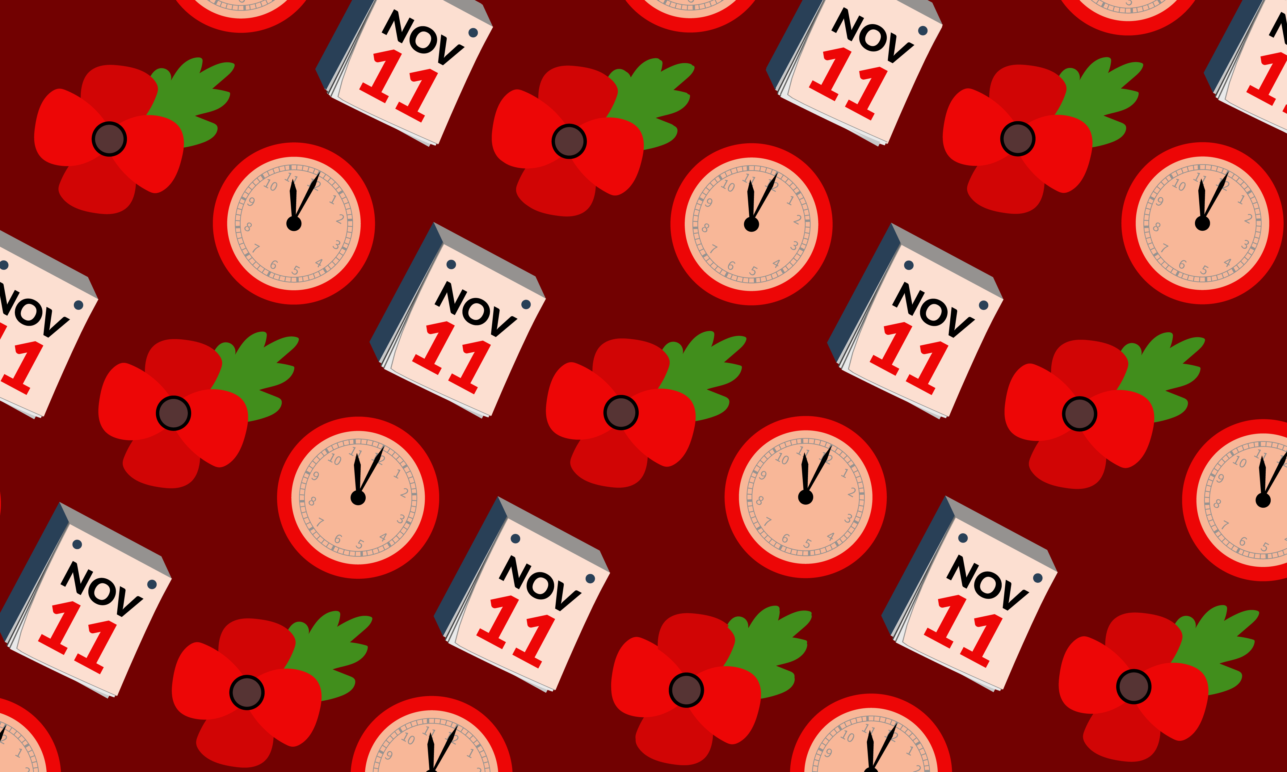 Pattern of poppies, Remembrance Day calendars and clocks approaching 11 o'clock.