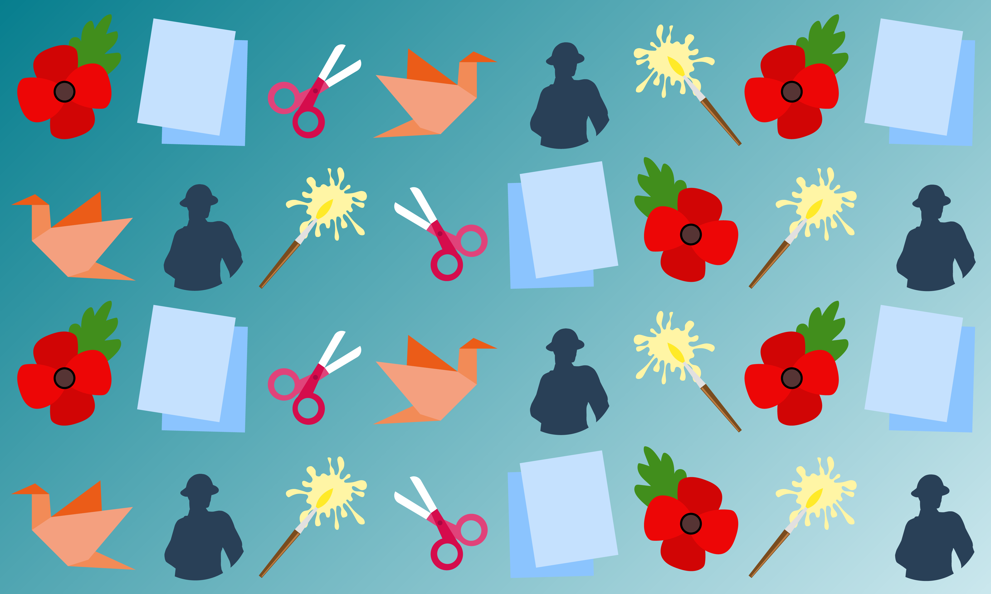 Pattern of wartime symbols including poppies, origami cranes, silhouettes, sparklers, paper and scissors.