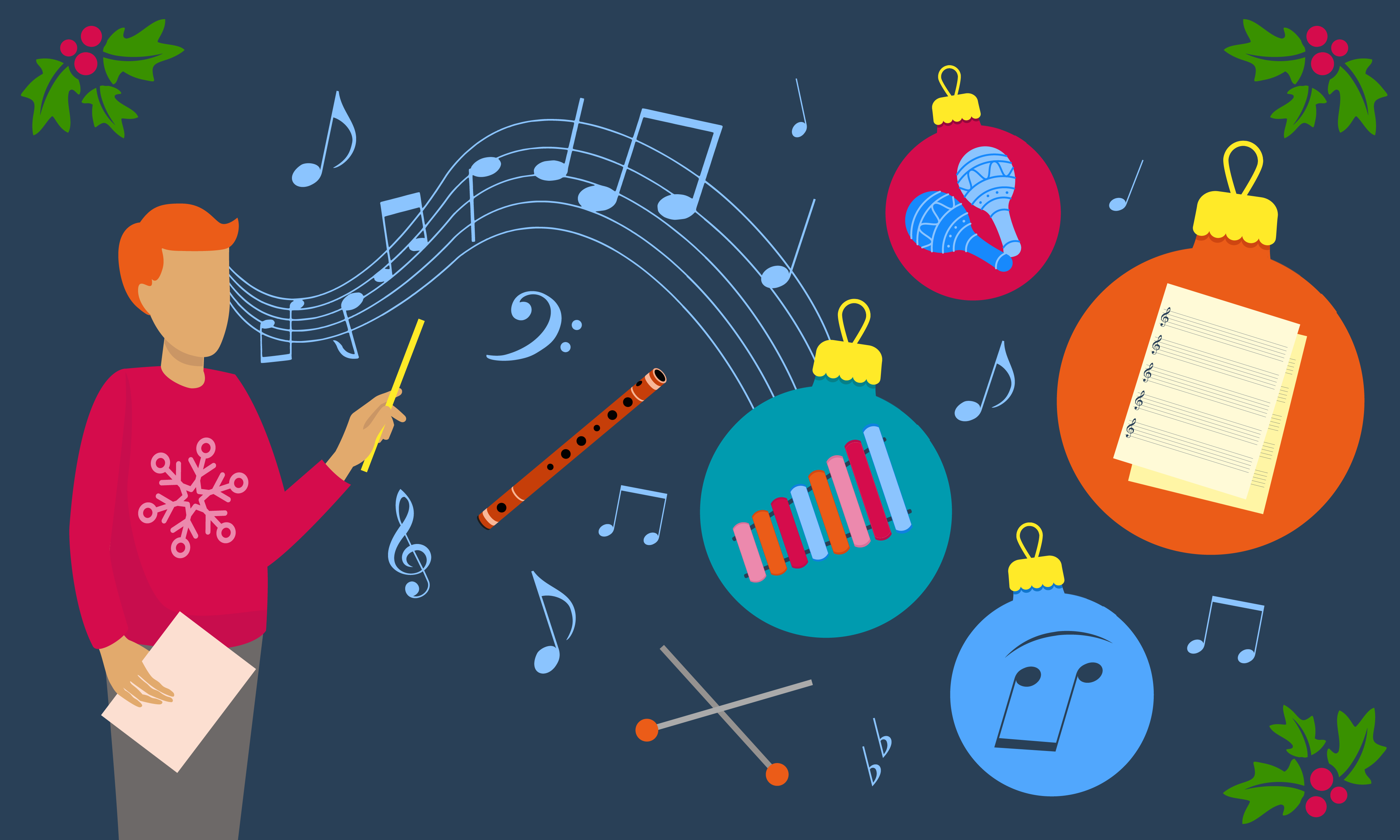 A conductor leading a Christmas performance with festive music symbols, instruments and sheet music decorations.