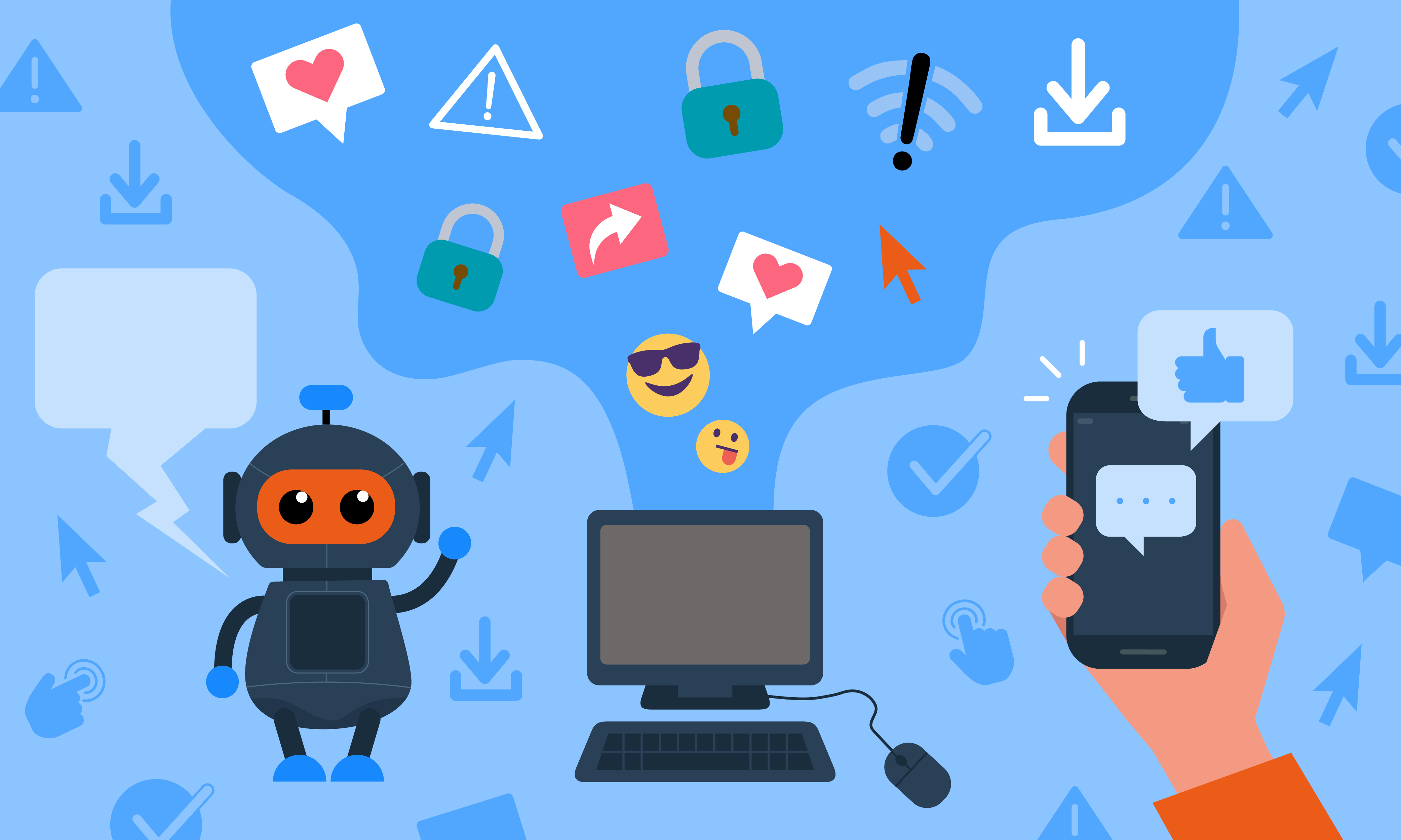 Illustration of online safety with a robot, computer and smartphone surrounded by digital icons.