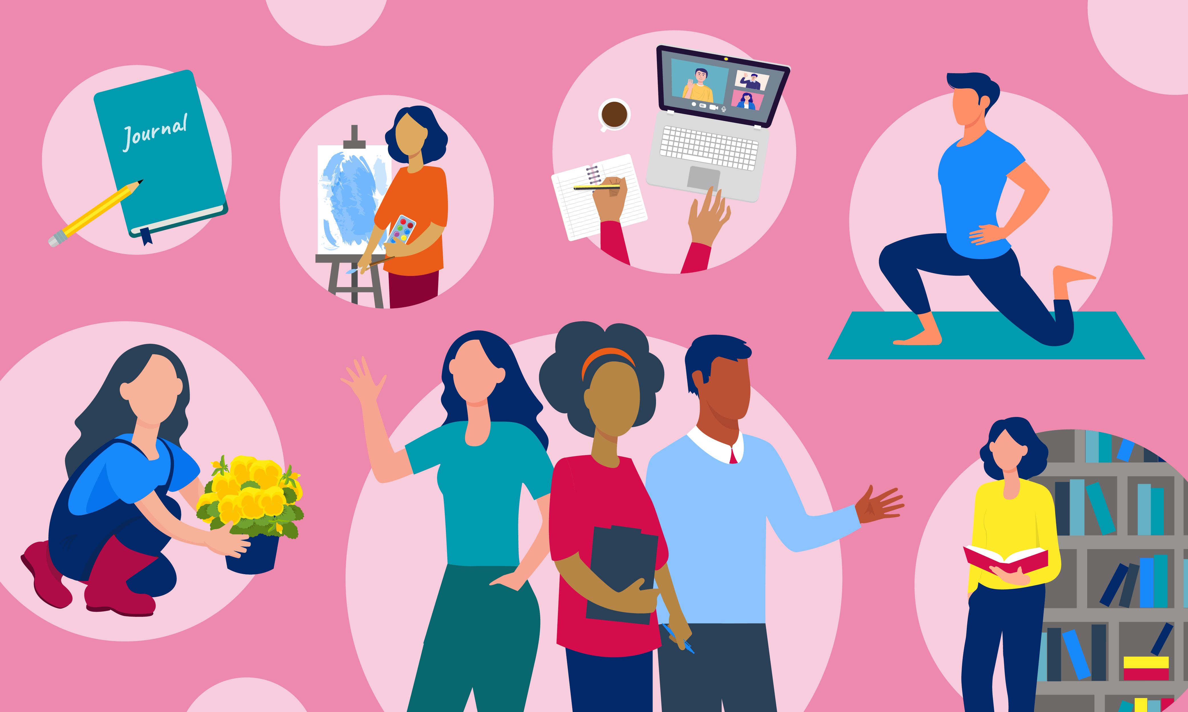 Colourful illustration showing different wellbeing activities including journalling, painting, exercise, reading and online learning.