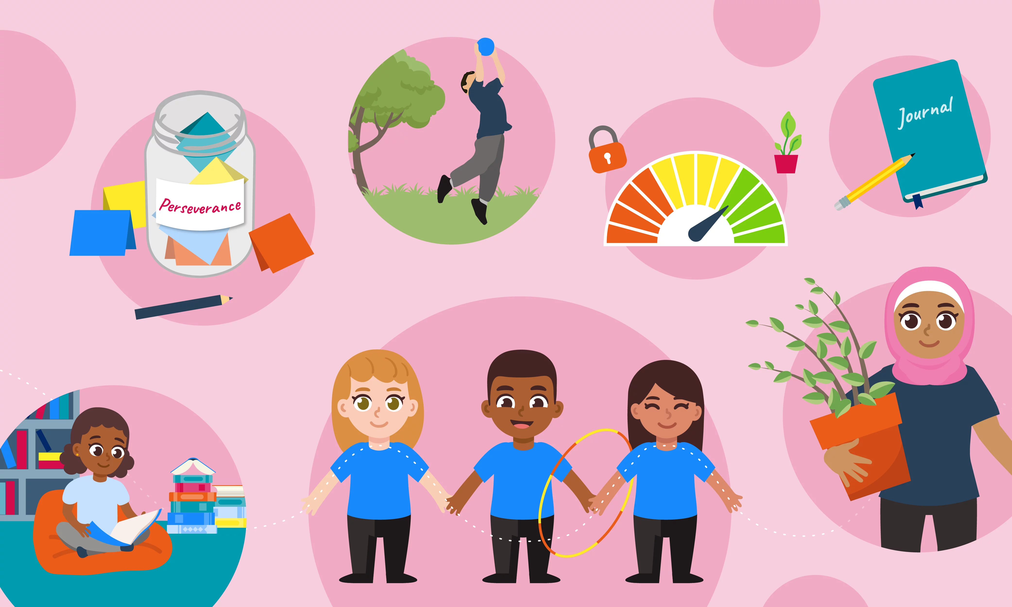 Illustration of children building resilience through reading, teamwork, mindfulness and wellbeing activities for Children's Mental Health Week