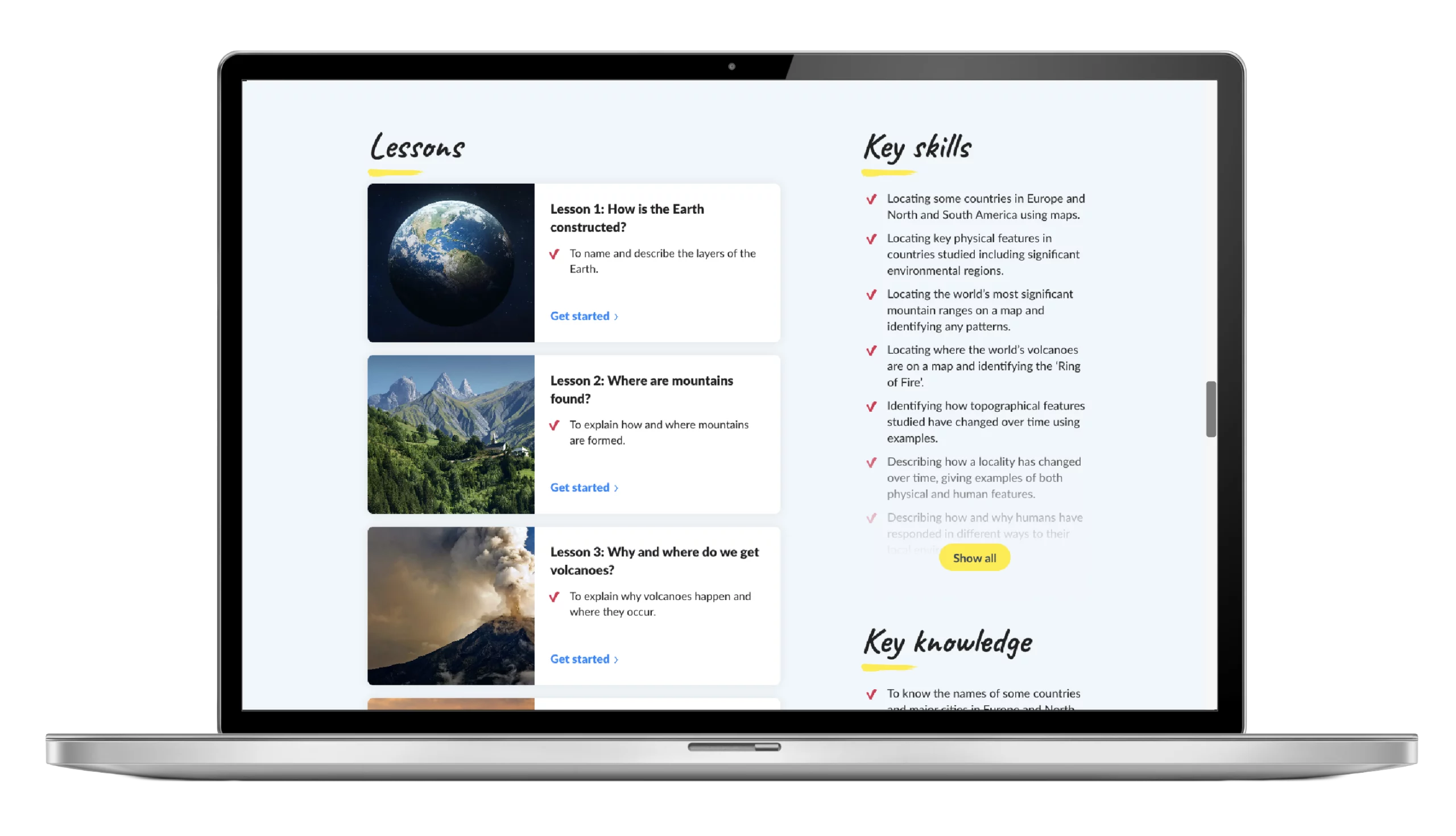 Laptop displaying an online geography curriculum overview with lessons and key skills.