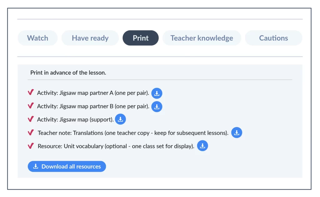 The Print section in Before the lesson.