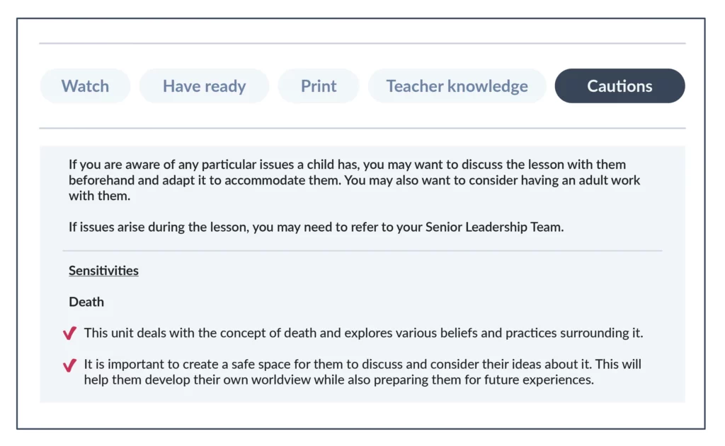 The Cautions section in Before the lesson.