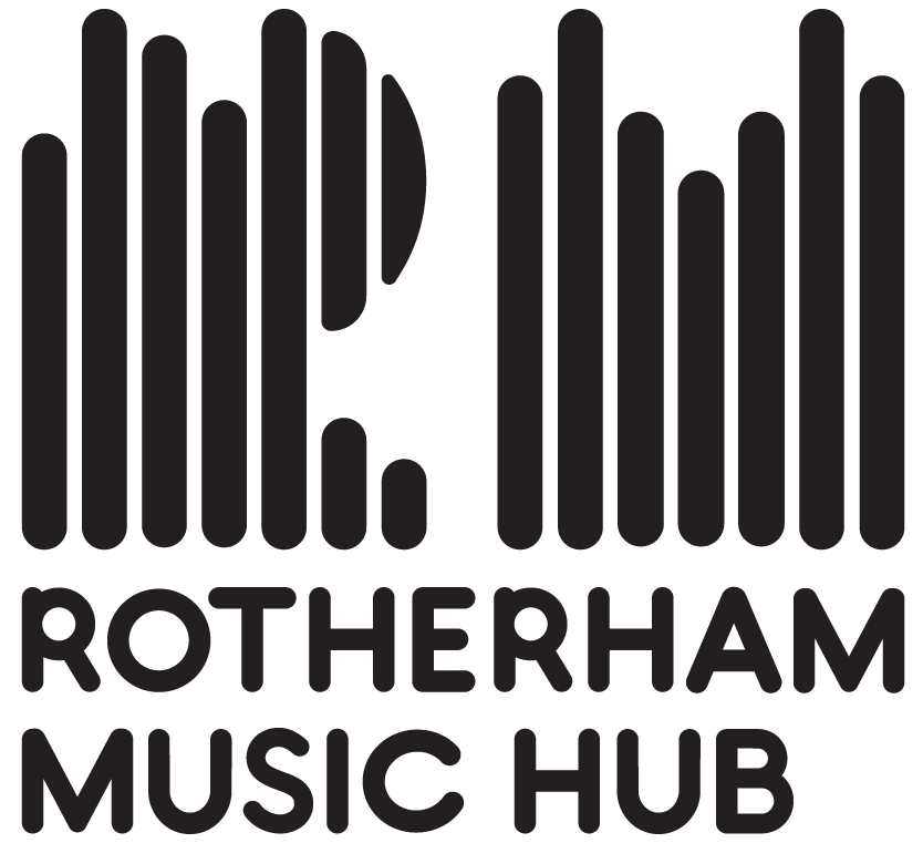The logo for 'Rotherham Music Hub,' consisting of a series of vertical black bars of varying heights resembling a sound wave or equalizer. In the middle, the bars form a stylized letter 'R.' Below the design, the text 'ROTHERHAM MUSIC HUB' is written in bold, black capital letters.