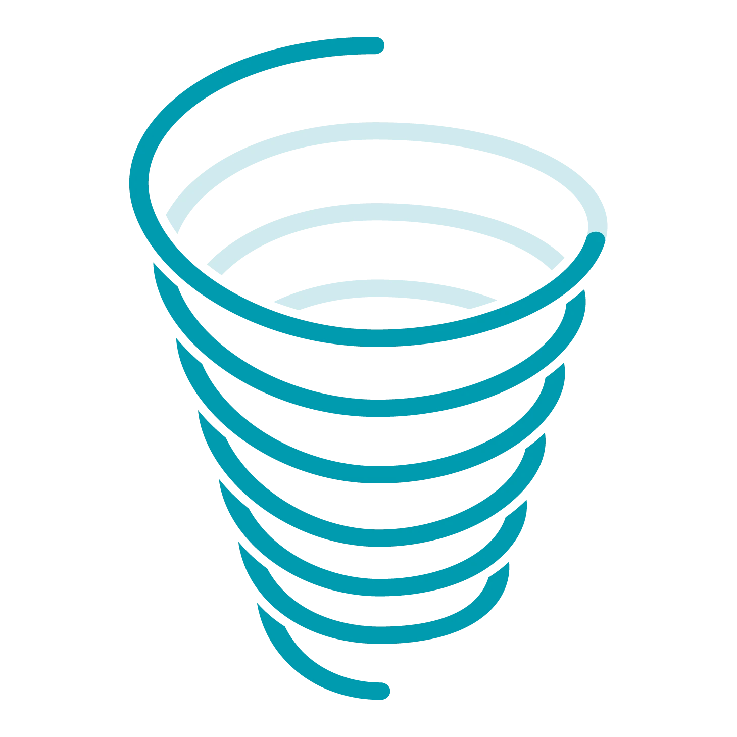 Stylised illustration of a blue tornado or whirlwind formed by curved spiral lines.