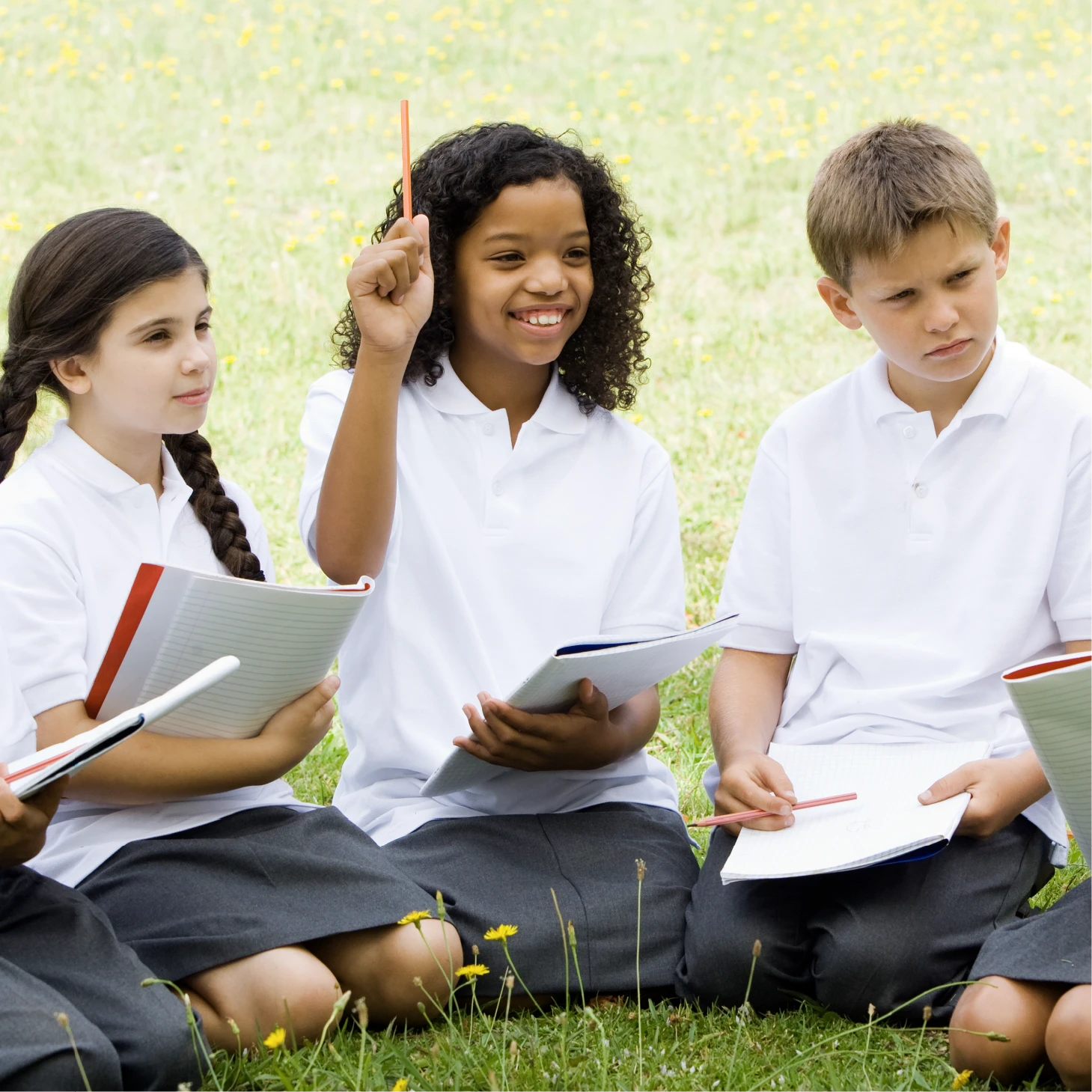 Group of pupils sitting on grass outdoors with notebooks, while one pupil raises a pencil to contribute to a discussion.