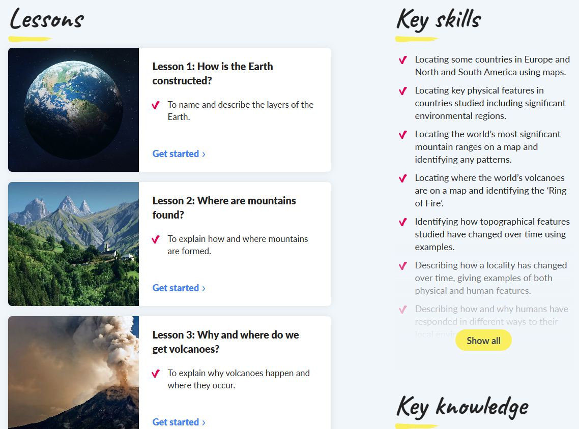 Kapow Primary unit hub page displaying curriculum resources and lesson planning tools