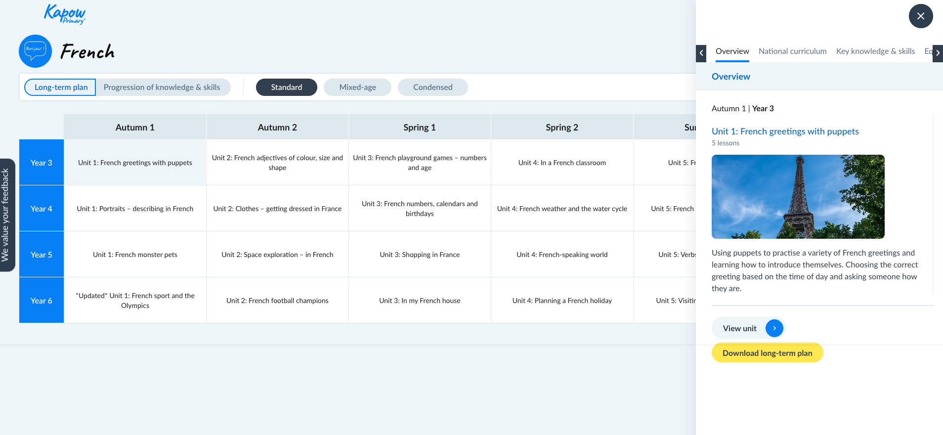 French long-term plan showing Year 3 to Year 6 units and progression across the academic year