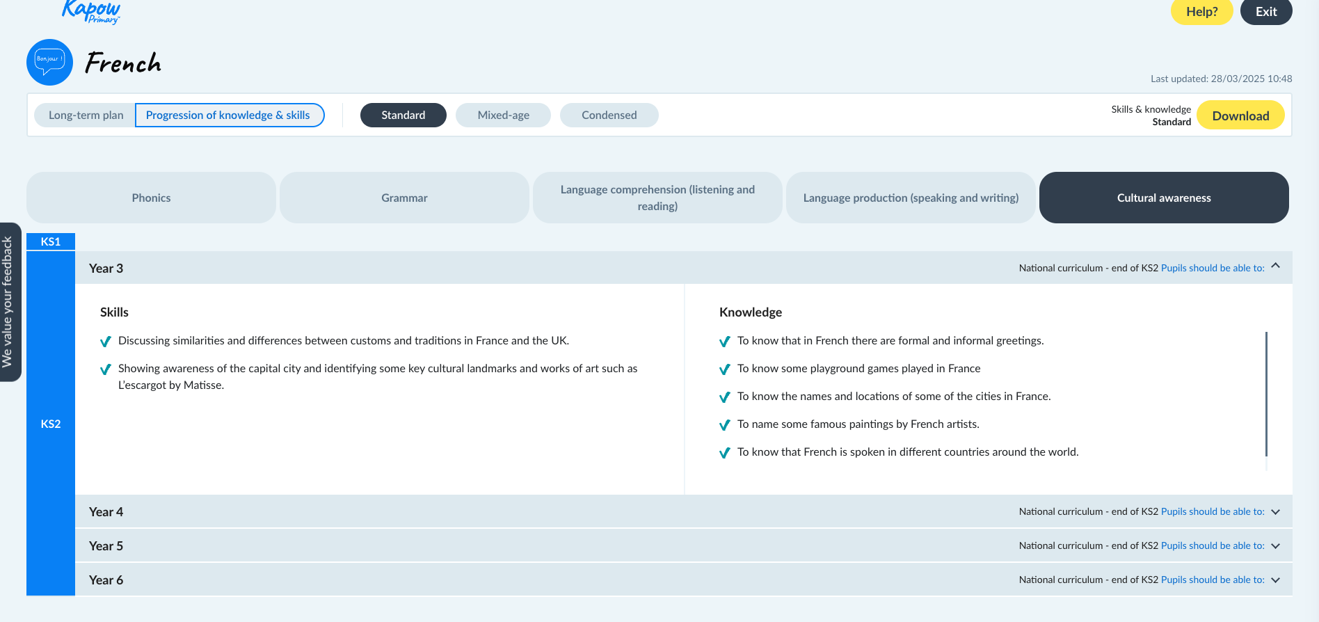 French curriculum progression of knowledge and skills page showing the Cultural awareness strand for Year 3, with skills and knowledge relating to French customs, landmarks, greetings, playground games, cities, famous artists and the global use of the French language.