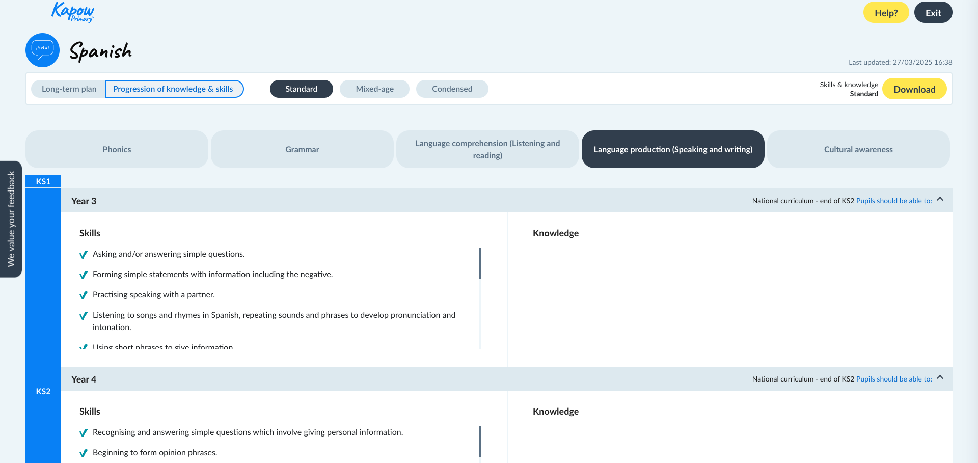 Spanish progression of knowledge and skills page showing speaking and writing objectives for Years 3 and 4.