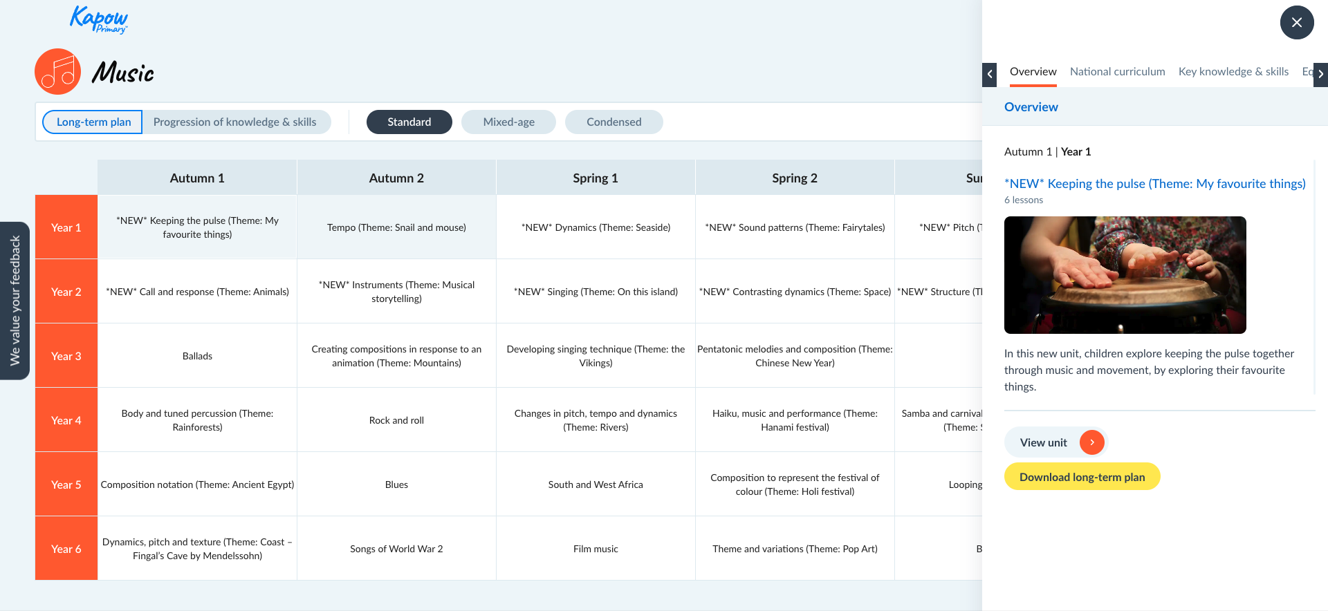 Screenshot of the Kapow Primary Music standard long-term plan showing Year 1 music units, with the "Keeping the pulse" unit selected.