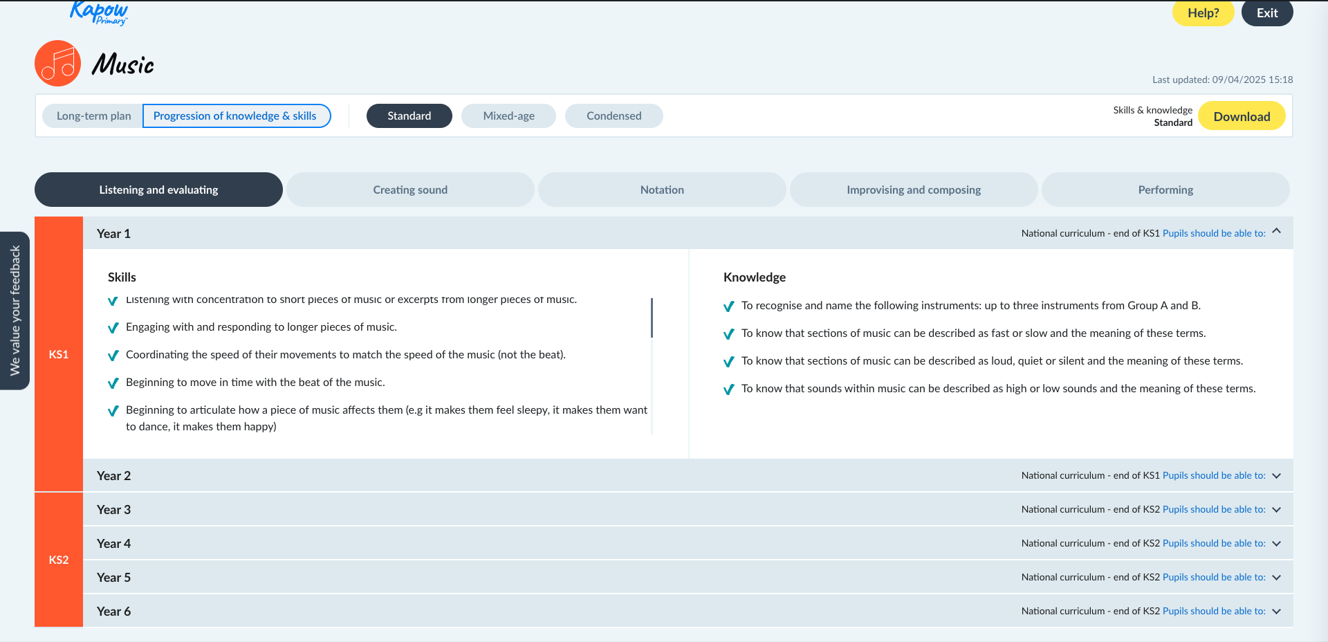 Screenshot of the Kapow Primary Music progression of knowledge and skills page showing Year 1 listening and evaluating skills and knowledge.
