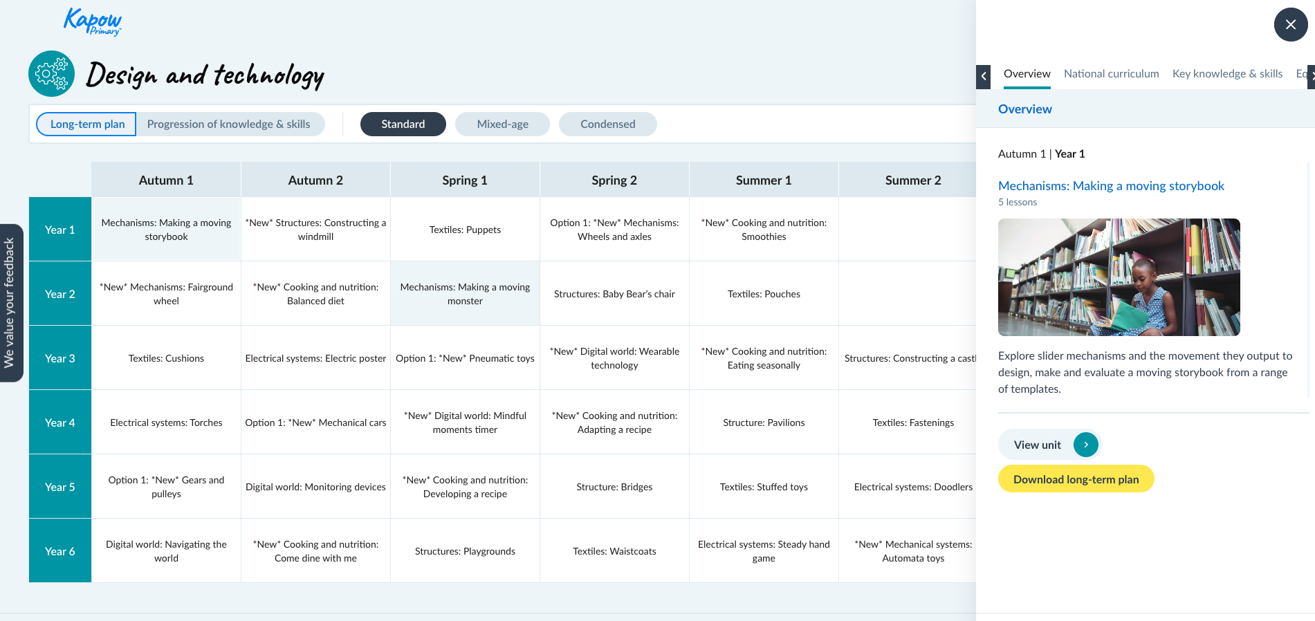 Screenshot of the Kapow Primary Design and Technology long-term plan showing Year 1 units, with a moving storybook mechanisms project highlighted.