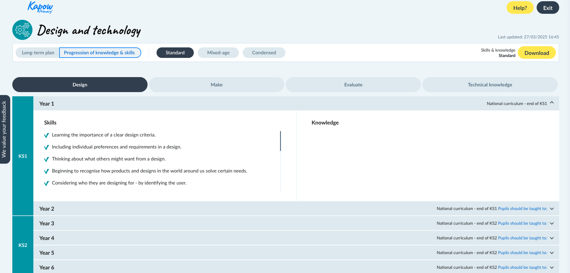 Screenshot of the Kapow Primary Design and Technology progression of knowledge and skills page showing Year 1 design skills.