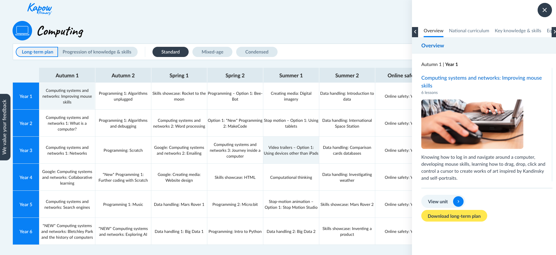 Screenshot of the Kapow Primary Computing long-term plan showing the standard curriculum overview and a Year 1 mouse skills unit.