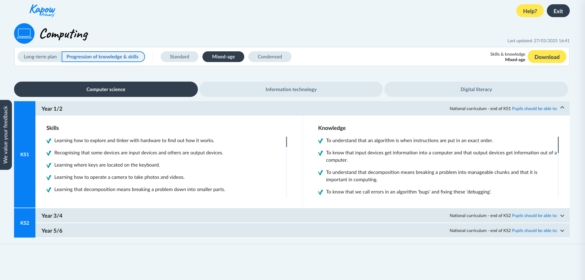 Screenshot of the Kapow Primary Computing progression of knowledge and skills page showing mixed-age Key Stage 1 computer science content.