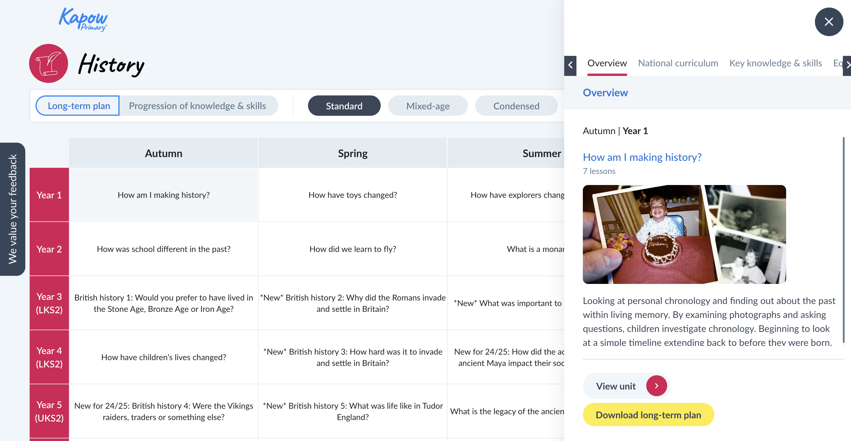 Screenshot of the Kapow Primary History curriculum long-term plan showing history units for Years 1 to 5 across autumn, spring and summer terms.