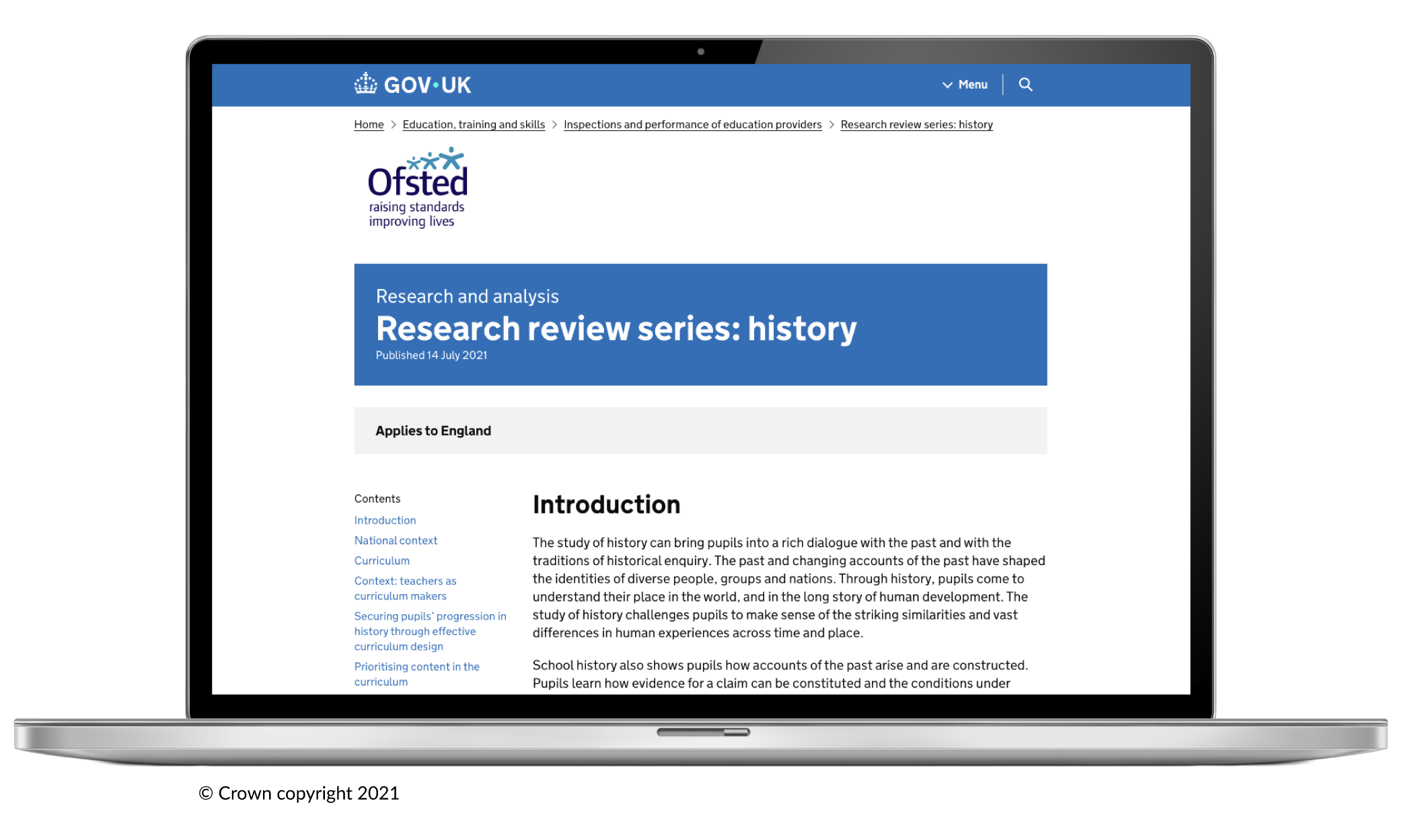 The GOV.UK website showing an Ofsted research review page about history.