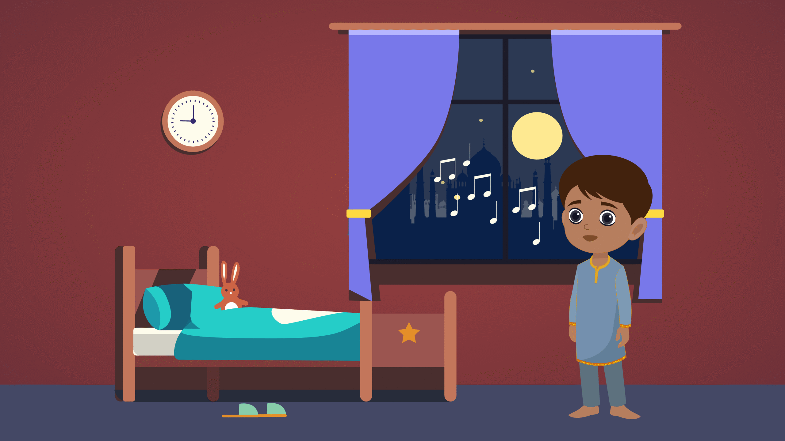 A child stands awake in their bedroom while music plays outside under the moonlight
