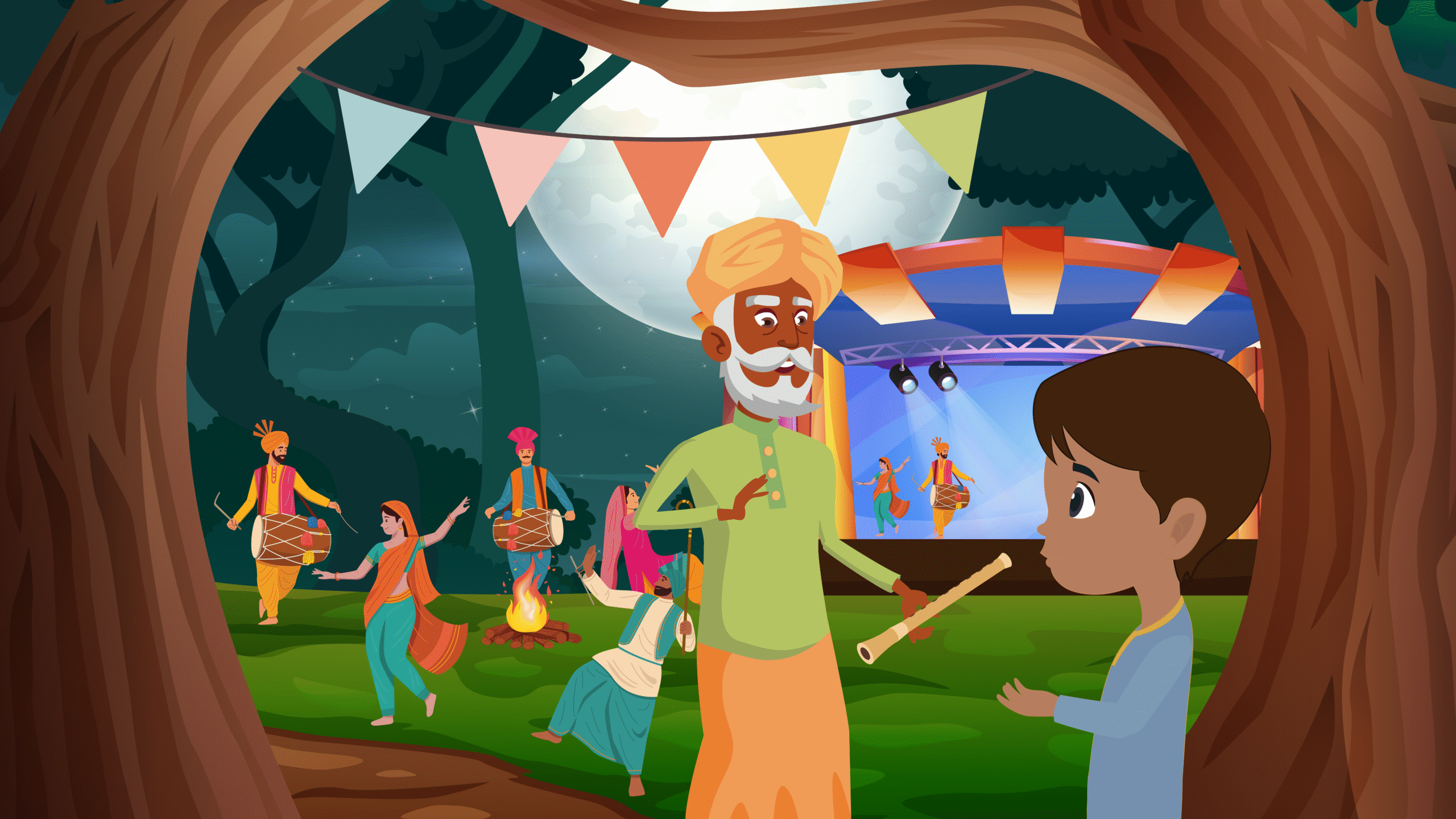 A lively cultural festival with music, dancing and traditional performances taking place outdoors at night