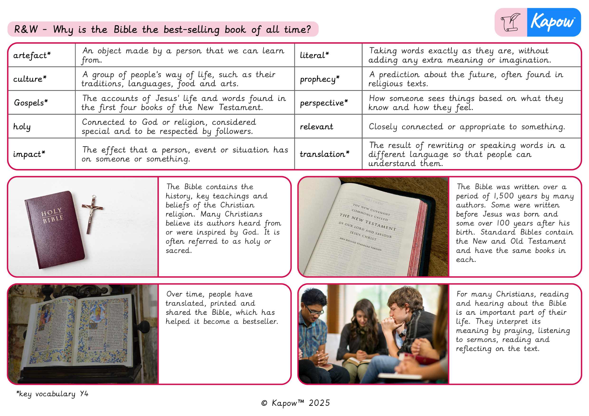 Knowledge organiser – R&W Y4: Why is the Bible the best selling book of all time?