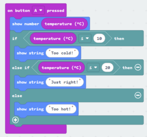 A screengrab from MakeCode showing a conditional statement.