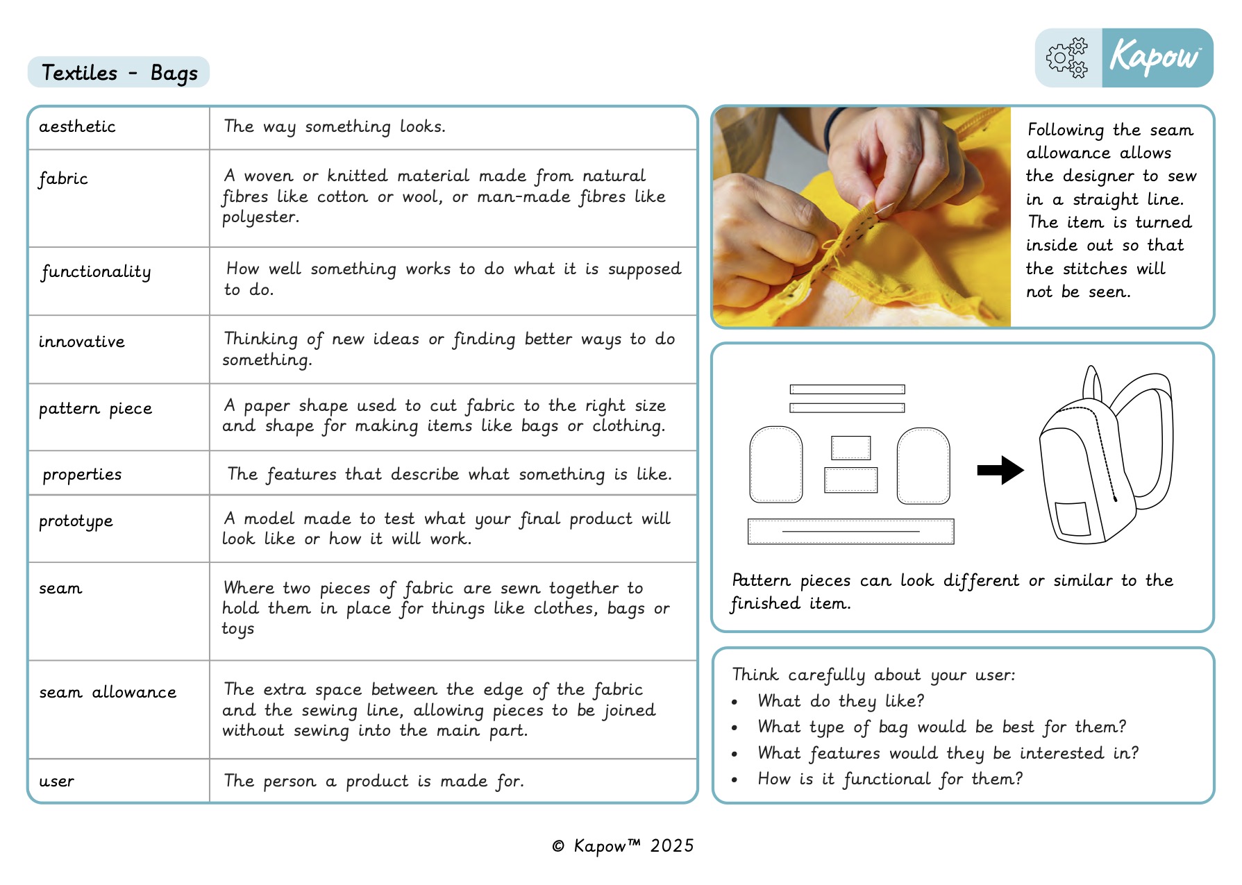 Knowledge organiser – D&T Y6: Textiles: Bags