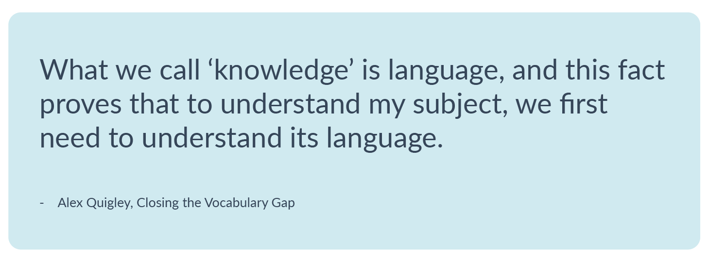 Quote about knowledge and language displayed on a pale blue background.