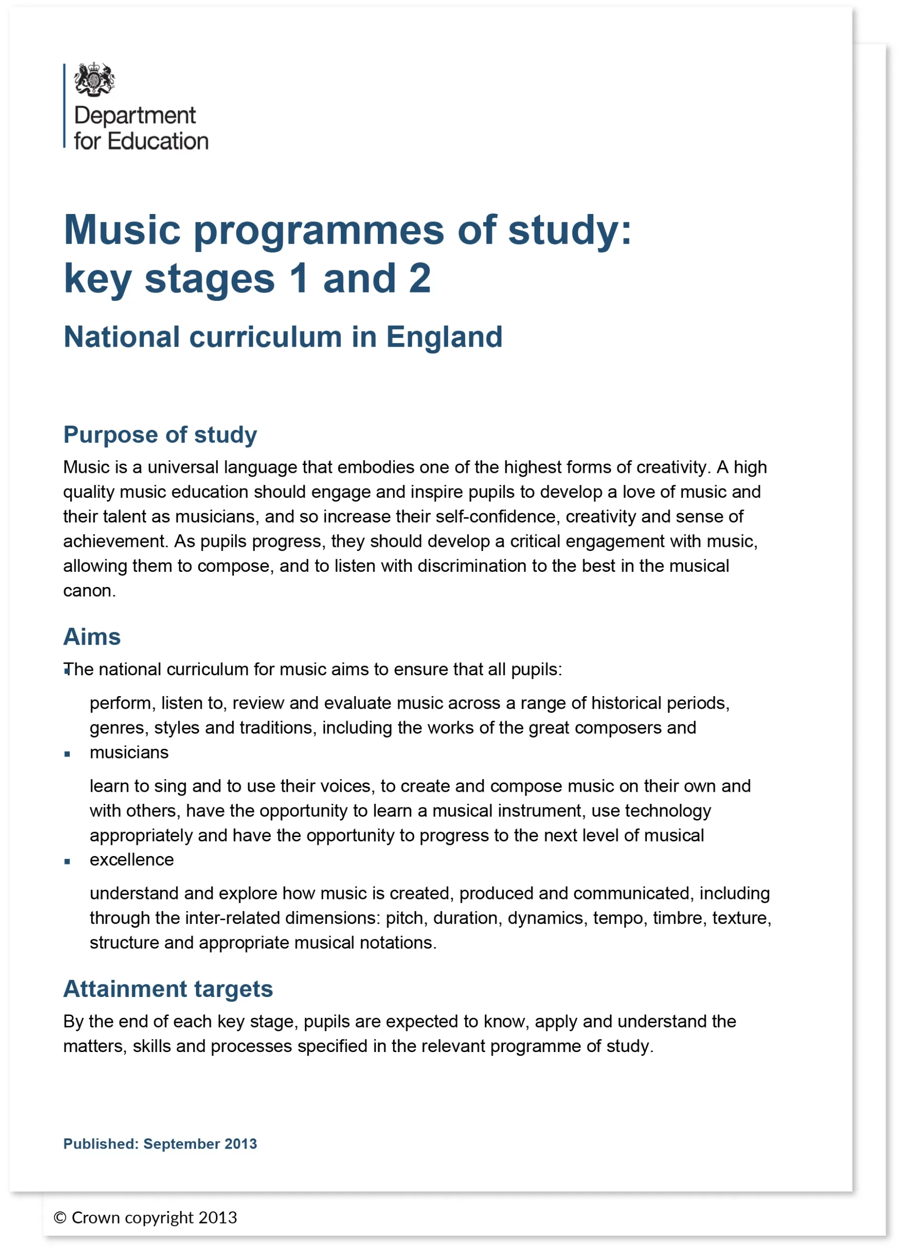 Front page of the Department for Education document titled 