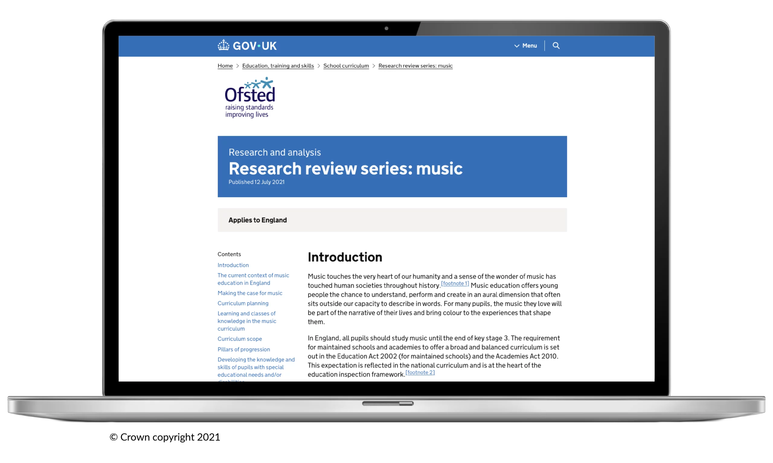A laptop screen displaying the GOV.UK website showing Ofsted’s “Research review series: music,” published on 12 July 2021, with the introduction text visible.