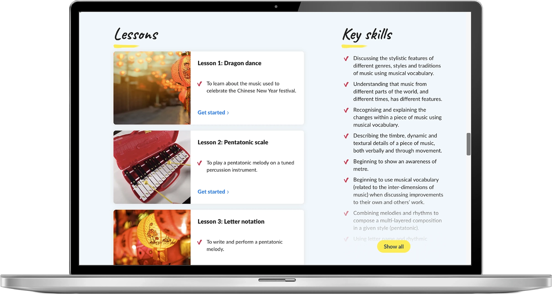 Laptop screen showing music lessons and key skills, including dragon dance, pentatonic scale, and letter notation.