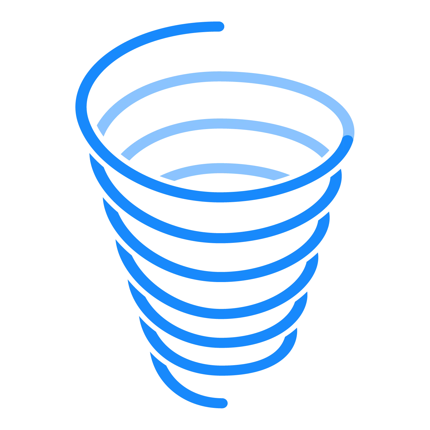 Blue spiral shape representing a vortex or whirlwind on a transparent background.