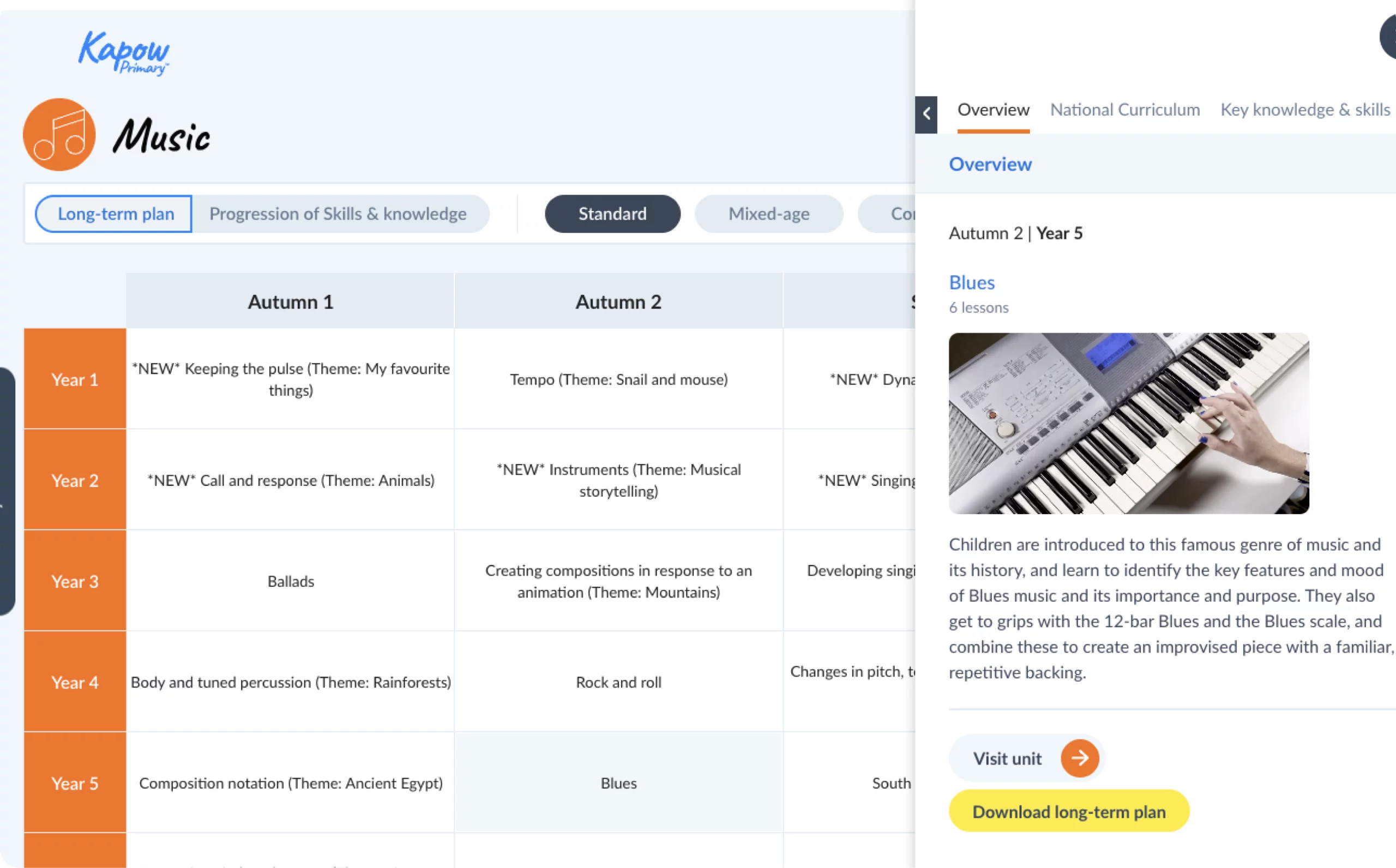 Music curriculum plan showing year group topics and an overview of a Year 5 blues unit.