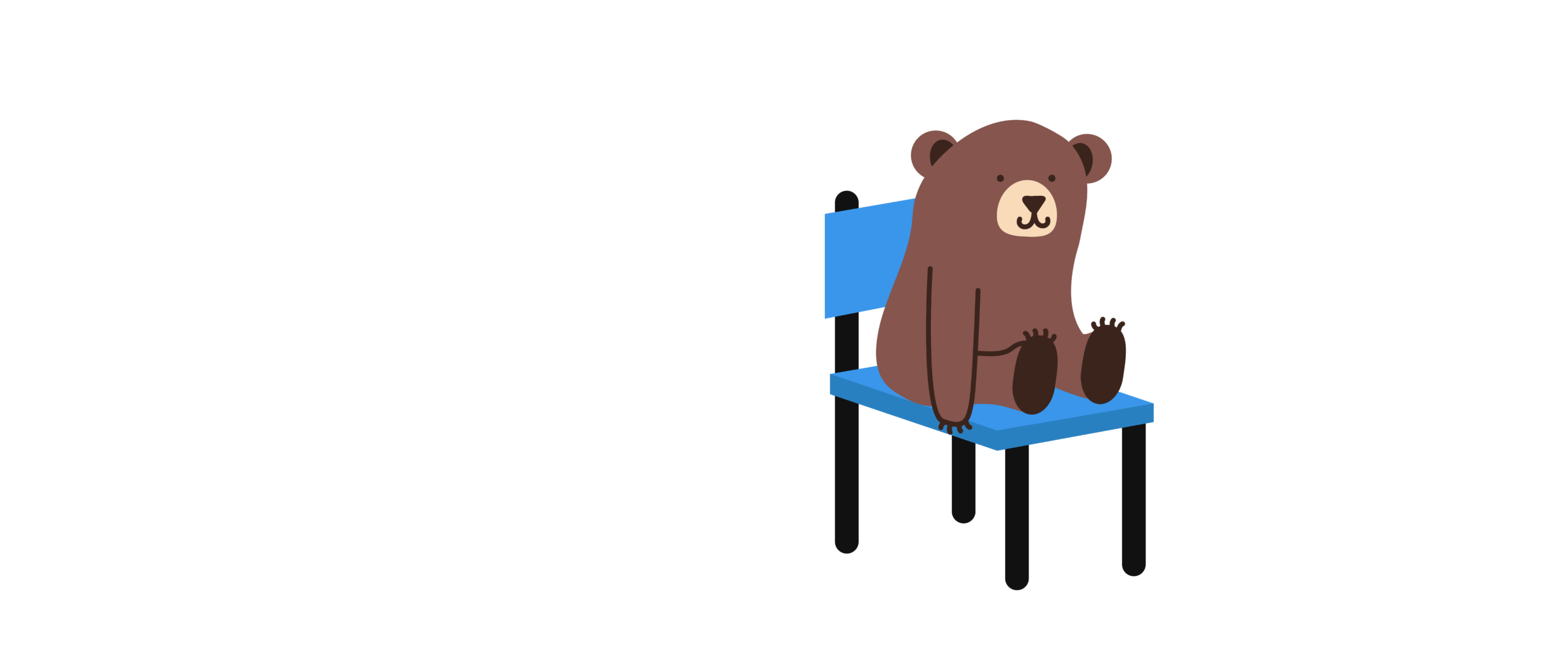 A cartoon teddy bear sitting on a blue chair.