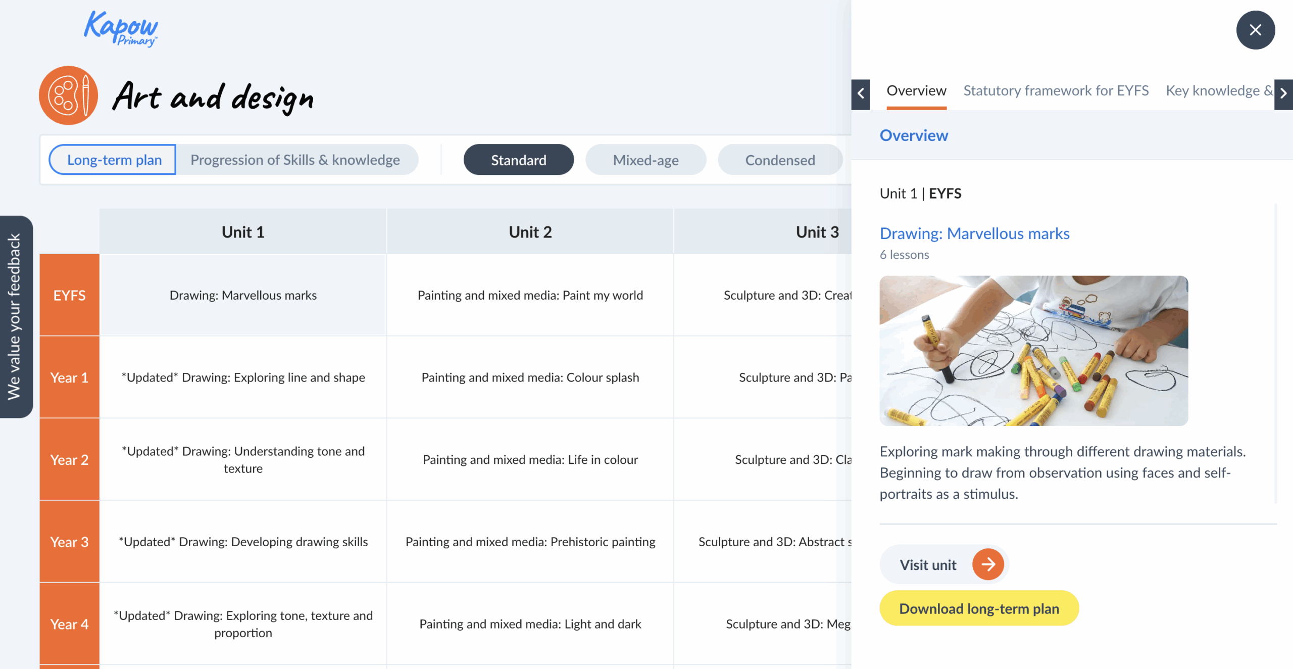 Screenshot of Kapow Primary’s Art and Design long-term plan showing units for EYFS to Year 4, with an overview of “Marvellous marks.”