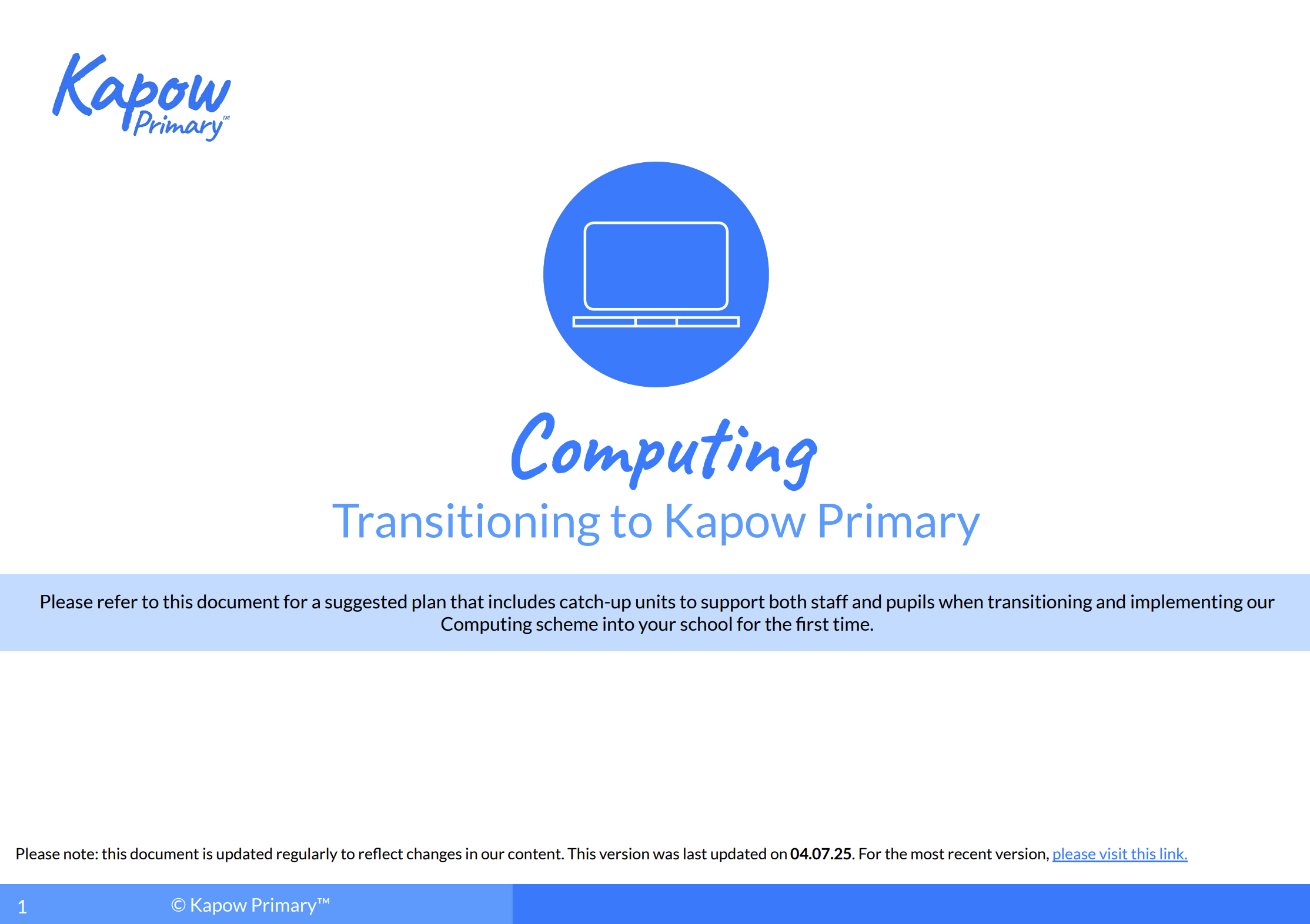 The front cover of the Transitioning to Kapow Primary's Computing scheme document.