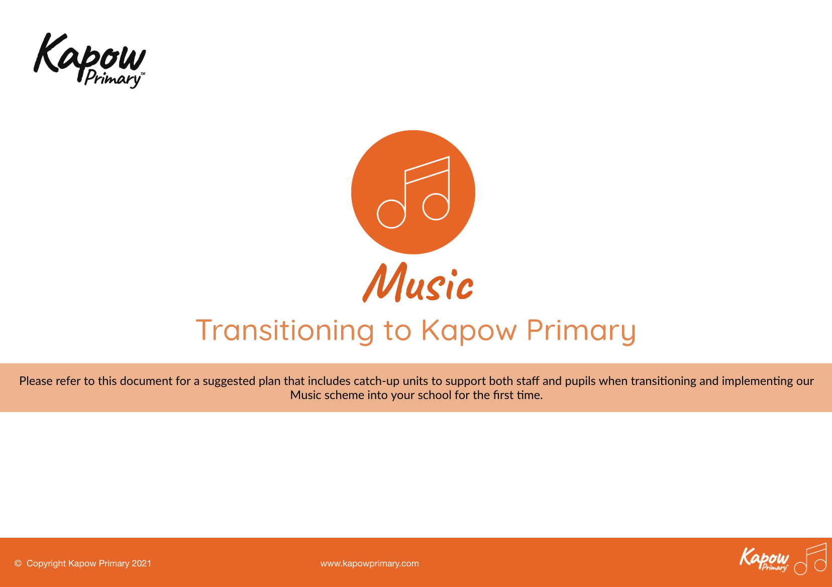Front cover of the Transitioning to Kapow Primary Music document.