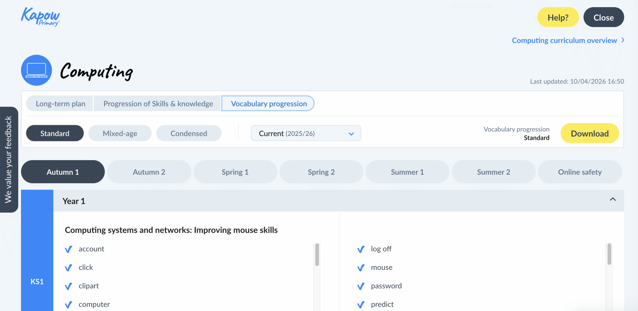 Computing curriculum vocabulary progression page showing Year 1 mouse and login terms