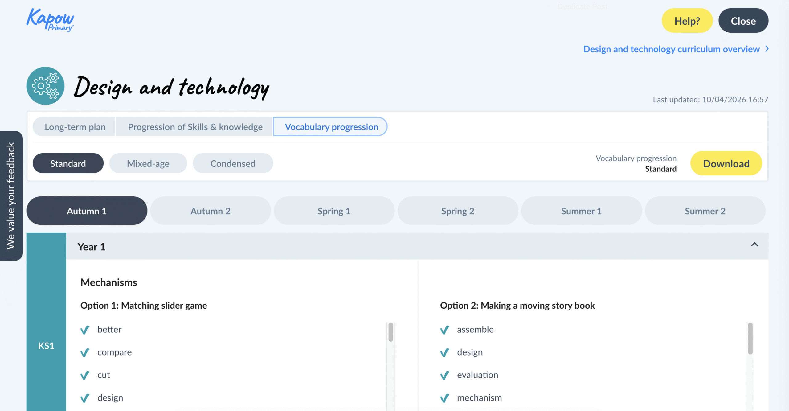 Design and technology curriculum vocabulary progression page showing Year 1 mechanisms.
