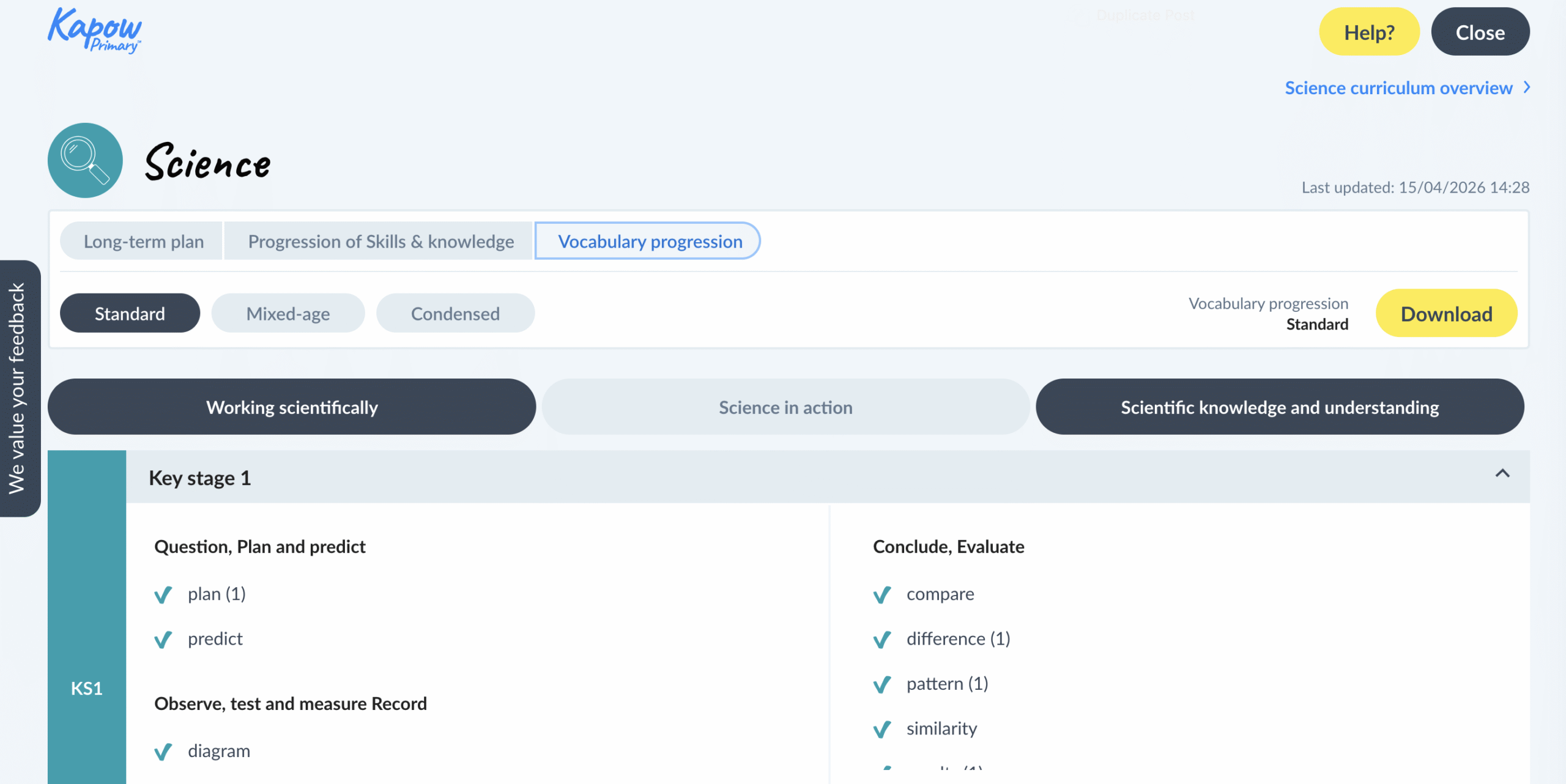 Science curriculum webpage showing vocabulary progression for key stage 1.