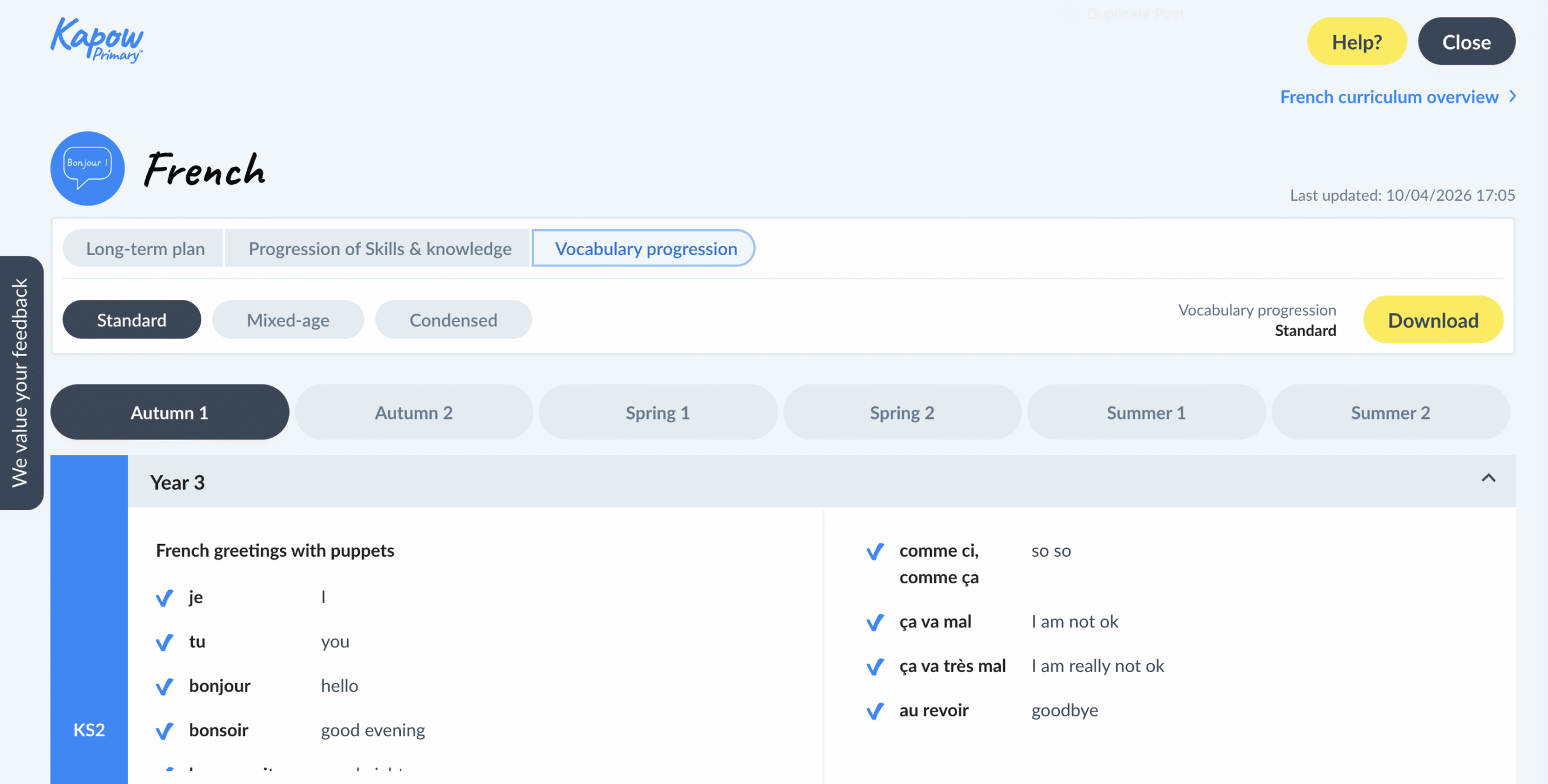 Screenshot of French vocabulary progression page for Year 3