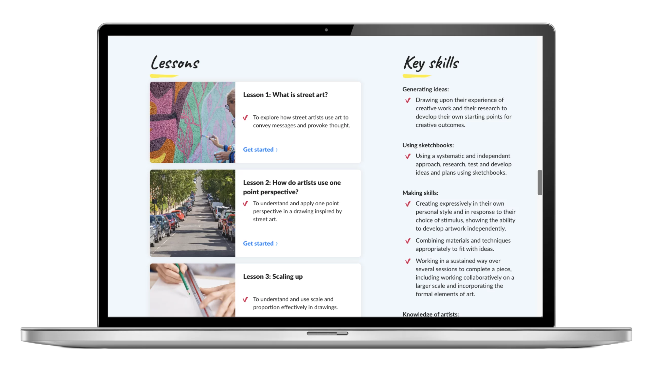 Laptop showing an educational webpage with art lessons on street art, perspective, and scaling up, plus a section listing key skills for students including generating ideas, using sketchbooks, and developing making skills.