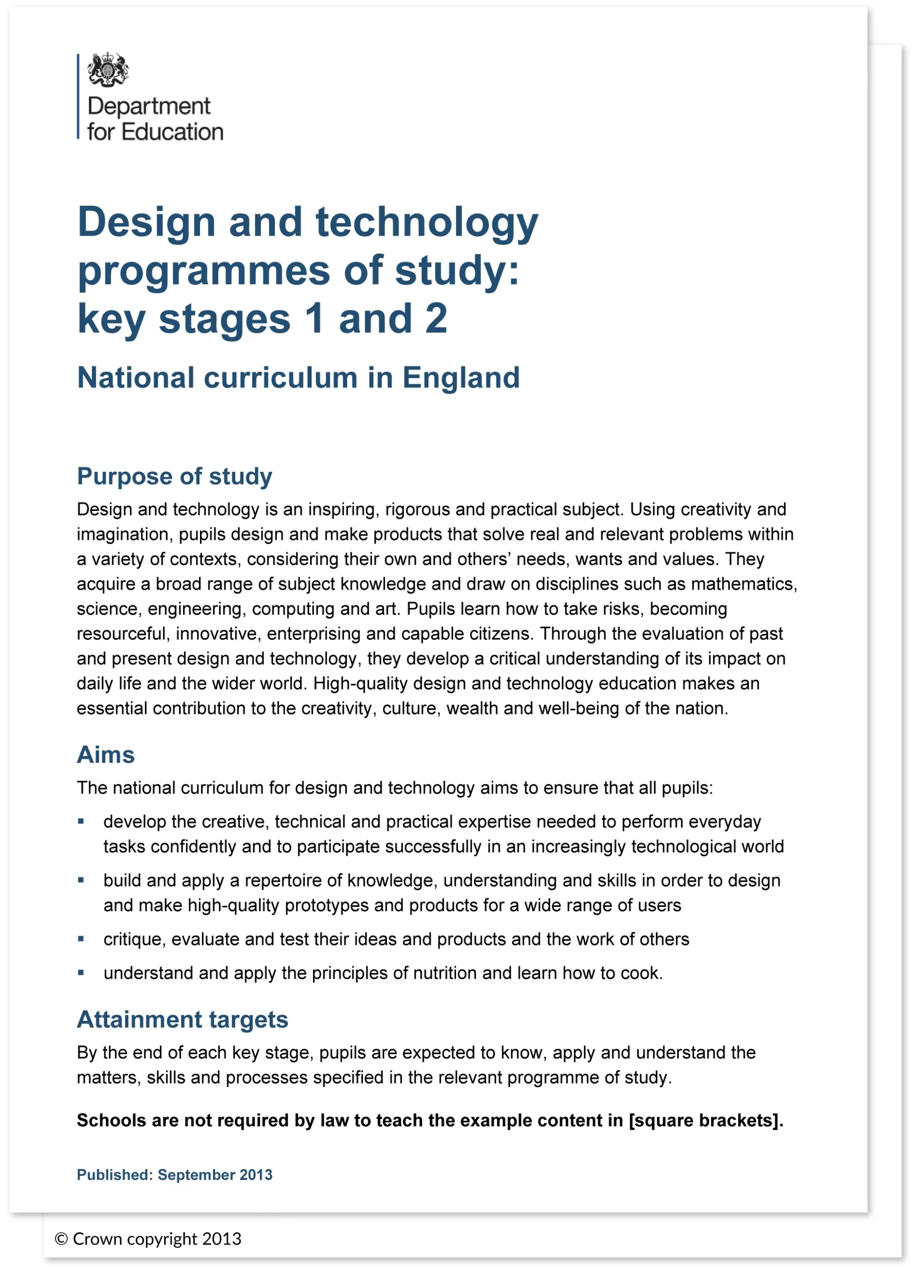 Front page of the UK Department for Education’s Design and technology programmes of study: key stages 1 and 2 (National curriculum in England). It includes sections on the purpose of study, aims, and attainment targets for pupils.