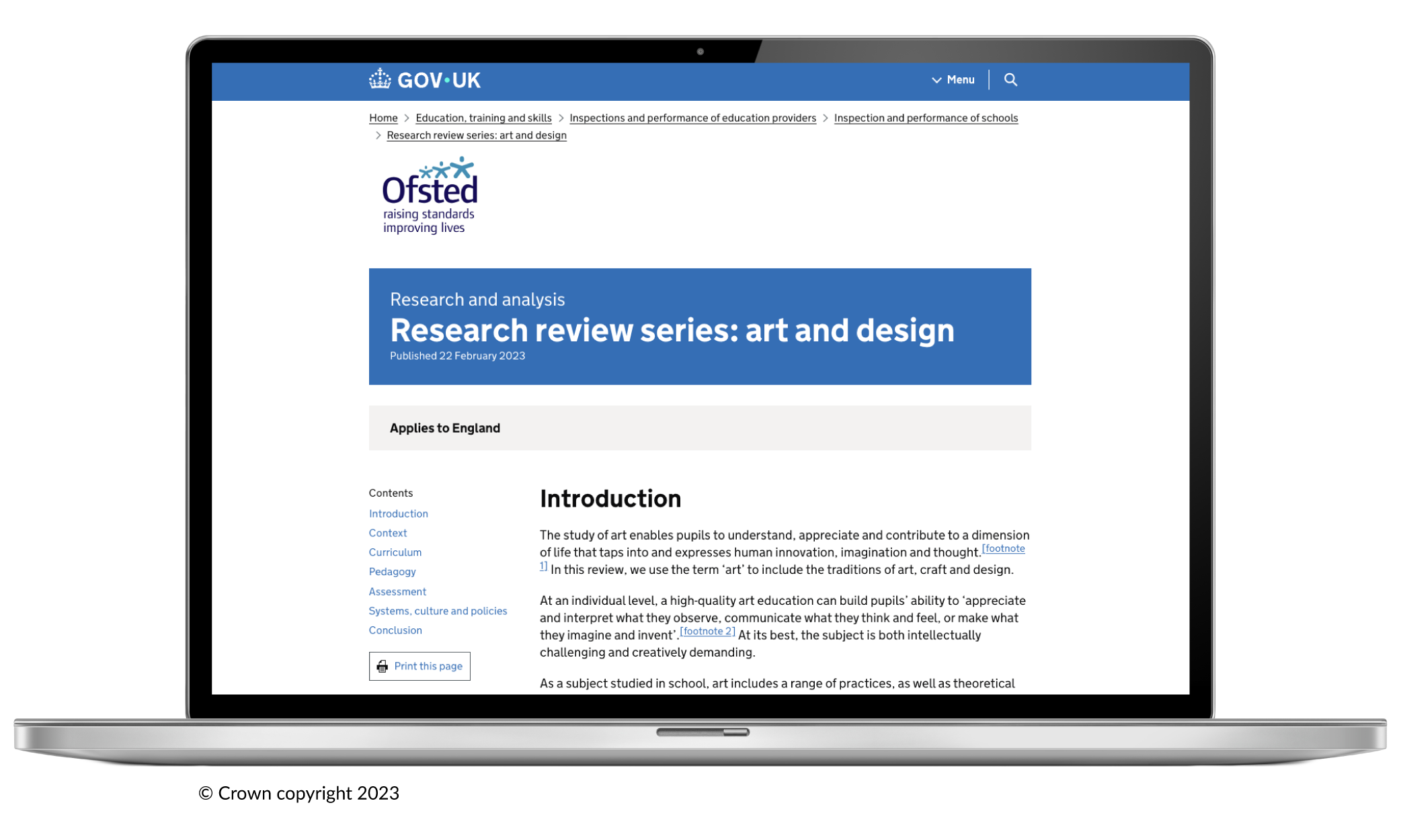 Laptop screen showing a GOV.UK Ofsted research review page titled 