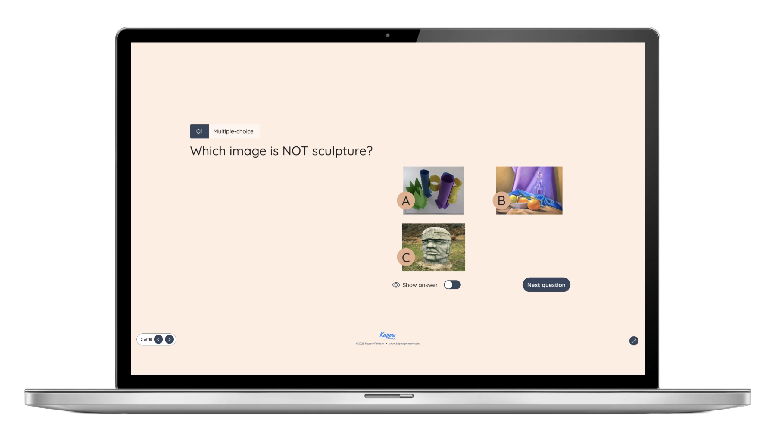 Online quiz screen shows multiple-choice question asking which image is not sculpture, with three image options A, B, and C.