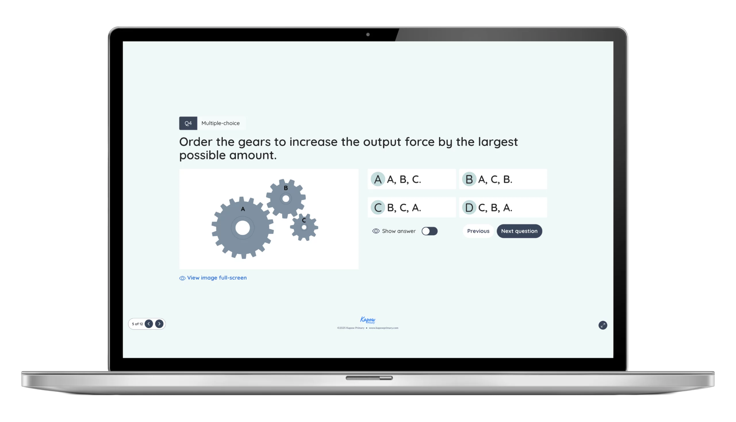 Laptop screen showing a multiple-choice question about gears, asking which order increases output force the most.